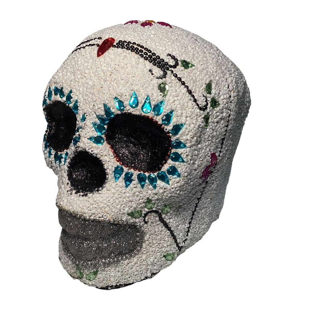 Day of the Dead Sugar Skull Decoration‎ White Beaded Rhinestone Decor